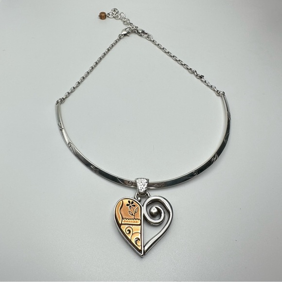 Brighton Jewelry - NWOT Vintage Brighton Heart Necklace in Two Tone Silver Copper Floral Scroll Bar